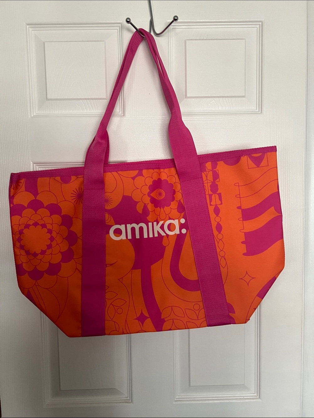 amika Bright Orange Tote with Fuchsia Patterned Accents
